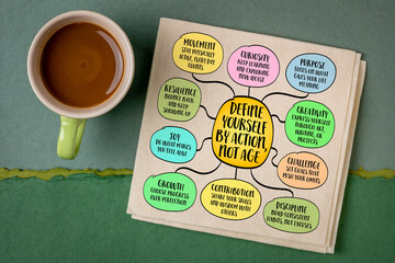 Define yourself by action, not age - Inspirational infographics mind map sketch.