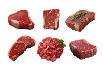 An assortment of fresh raw meat cuts, displaying various textures and colors. Perfect for culinary, health, and lifestyle themes in cooking or barbecue concepts.