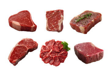 An assortment of fresh raw meat cuts, displaying various textures and colors. Perfect for culinary, health, and lifestyle themes in cooking or barbecue concepts.