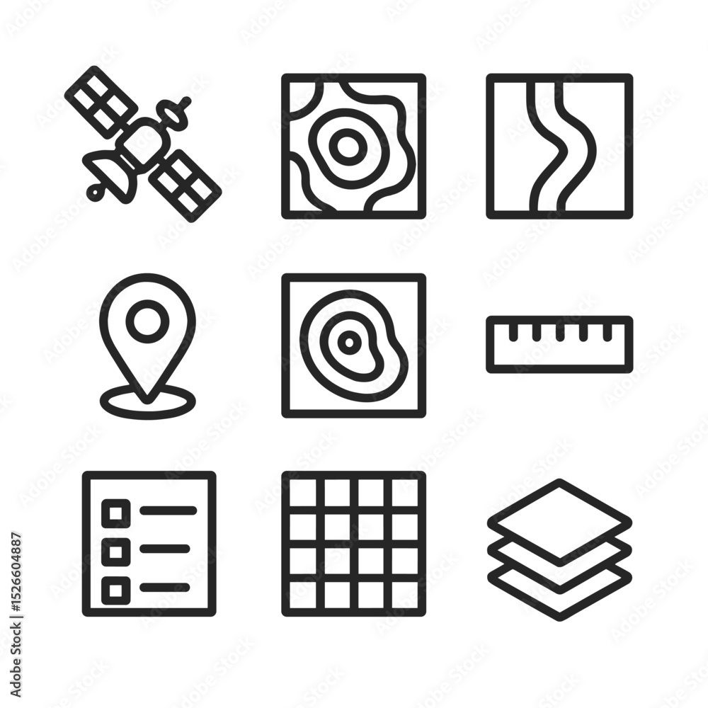 Poster gis icons set. outline icon set of gis and mapping tools: satellite icon, contour map, corridor laye