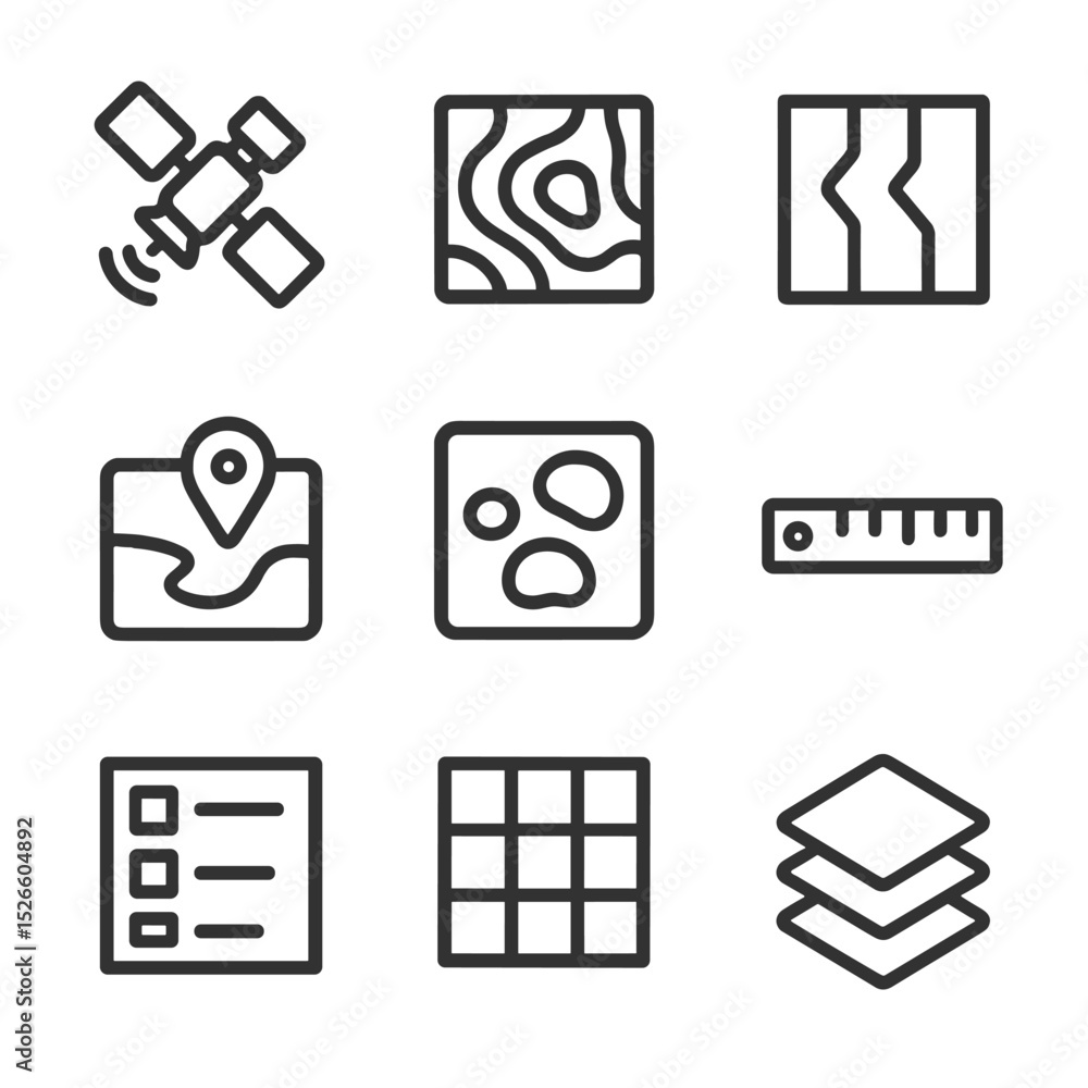 Poster gis icons set. outline icon set of gis and mapping tools: satellite icon, contour map, corridor laye