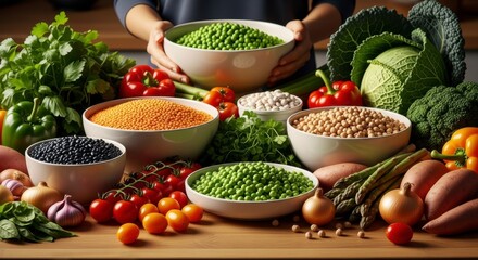 Abundant display of fresh vegetables, legumes, and healthy ingredients on a wooden table