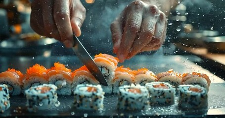 Close-up shot of hands slicing sushi rolls with a knife. Focus on the cook preparing the sushi with an emphasis on detail of the ingredients. Sushi rolls in focus