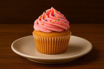 Sweet Pink Frosted Vanilla Cupcake with Colorful Sprinkles