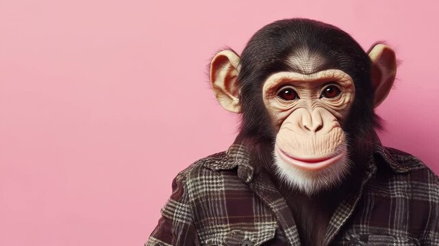 Playful monkey wearing flannel shirt against vibrant pink backdrop exudes charm