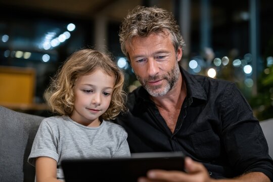 A father and son bond over a tablet, sharing joyful moments that illustrate the importance of parenting, love, and the enriching experiences technology can bring to family interactions.