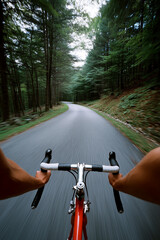 A man is riding a bicycle down a road with trees in the background
