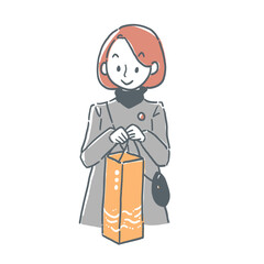 酒瓶入りのおみやげ袋を持っている女性のイラスト