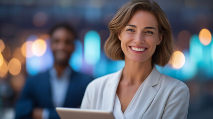 Obraz premium Successful businesswoman with tablet in modern office