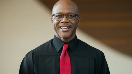 A man in a black suit and red tie stands in front of a podium. He is wearing glasses and has a serious expression on his face - Powered by Adobe