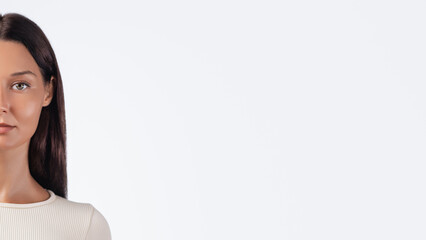 Minimalist Studio Portrait Of Woman In Cream Outfit With Copy Space Concept