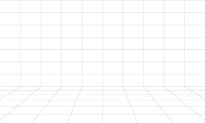 3d wireframe grid room. 3d perspective laser grid. Cyberspace white background with black mesh. Futuristic digital hallway space in virtual reality. Vector illustration.