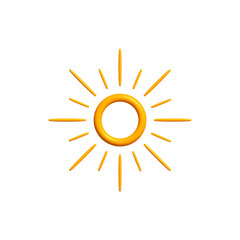 Bright Sunny 3D Sun Icon with Ring Center and Radiant Rays, Isolated on White. Happy Childish Logo for Vacation, Warm Climate, or Solar Panel Concepts. Vector Illustration.