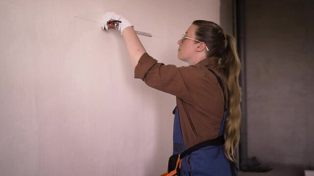 Repairwoman in goggles with ruler measuring wall at home. repair, construction and building concept.