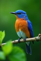 Obraz premium Azure bluebird on green branch, soft focus background, bush, wildlife, spring