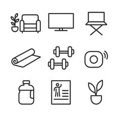 Home Workout Icons. Outline icon set of home workout setup: living room outline, TV screen, laptop stand, yoga mat, dumbbell set,