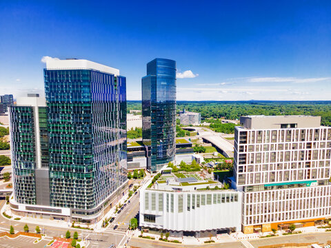 Modern buildings in Tysons Corner, Fairfax County, Virginia, USA. View from a drone.