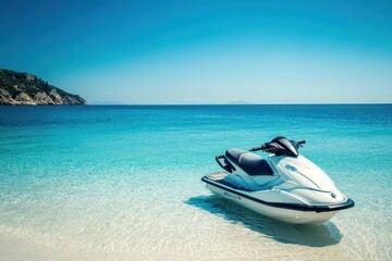 Fototapeta premium Beach Jet Ski. Blue Ocean with Jet Ski Watercraft Floating Against Blue Sky