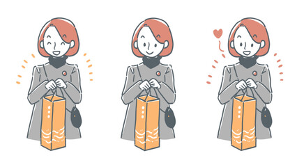 酒瓶入りのおみやげ袋を持っている女性のイラスト　セット