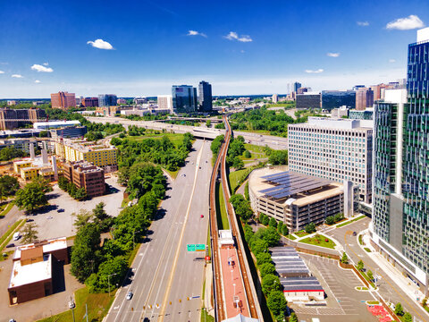 Metro station at the Modern Buildings in Tysons Corner, Fairfax County, Virginia, USA. View from a drone.