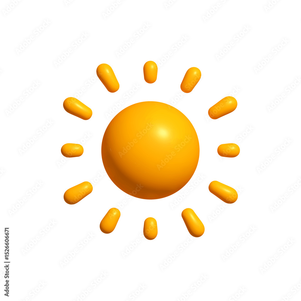 Poster glossy 3d sun icon with rounded rays on white background. perfect for summer, weather apps, or brigh