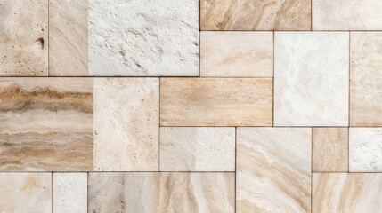 Fototapeta premium Varied beige travertine tiles in modern modular pattern with textured finish