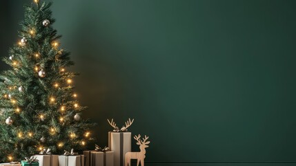 Beautiful Christmas tree with glowing lights, gifts and wooden reindeer near green wall