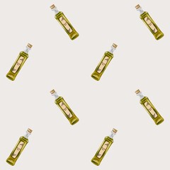Elegant watercolor pattern featuring olive oil bottles on a light background for textile design
