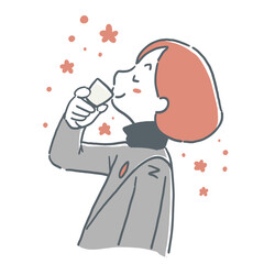 お猪口でお酒を飲んで気分がいい様子の女性のイラスト