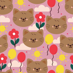 seamless pattern cute cartoon cat with flowers, balloon and sky element. animal drawing for wallpaper and gift wrap paper