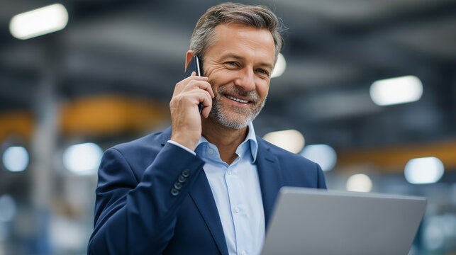 Businessman multitasking in a factory environment with technology