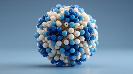 A vibrant 3D rende displays a spherical structure adorned with numerous small blue and white spheres clustered together against a light blue gradient backdrop.