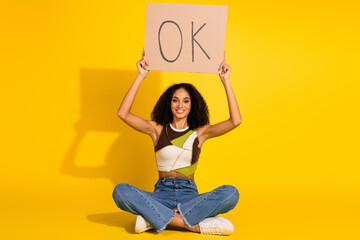 Young woman seated on a vibrant yellow background holding an OK sign while smiling confidently