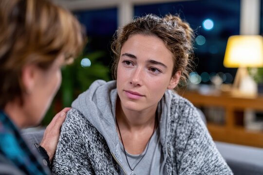 A young woman shares an emotional conversation with a close friend, displaying vulnerability and connection in a cozy setting, highlighting the importance of sincere communication.