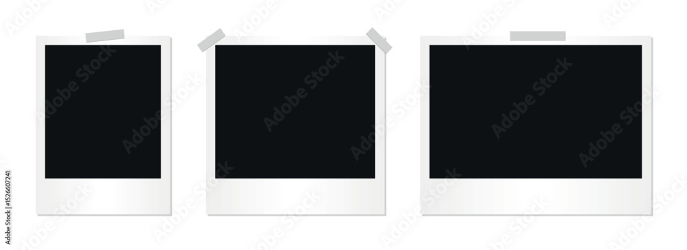 Poster set of vintage polaroid photo frames with black center and sticky tape isolated on transparent backg