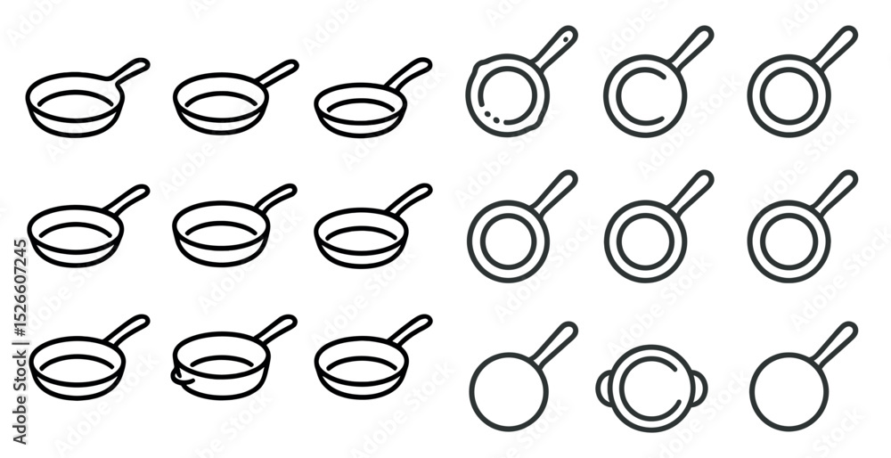 Poster set of frying pan icons in various styles for culinary design projects