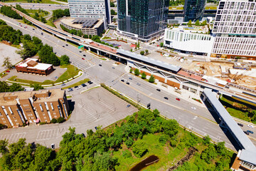 Metro station at the Modern Buildings in Tysons Corner, Fairfax County, Virginia, USA. View from a drone.