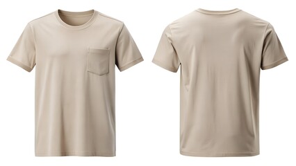 Beige Pocket T Shirt Front And Back On White Background