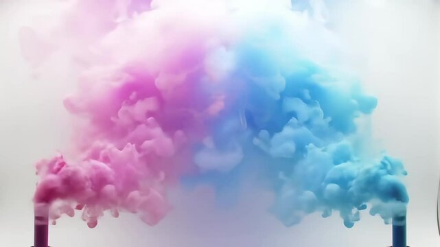 Colored smoke in shades of pink and blue rises beautifully upwards on a white background. Minimalistic composition with two smoke bombs creating a bright visual contrast and a spectacular atmosphere. 