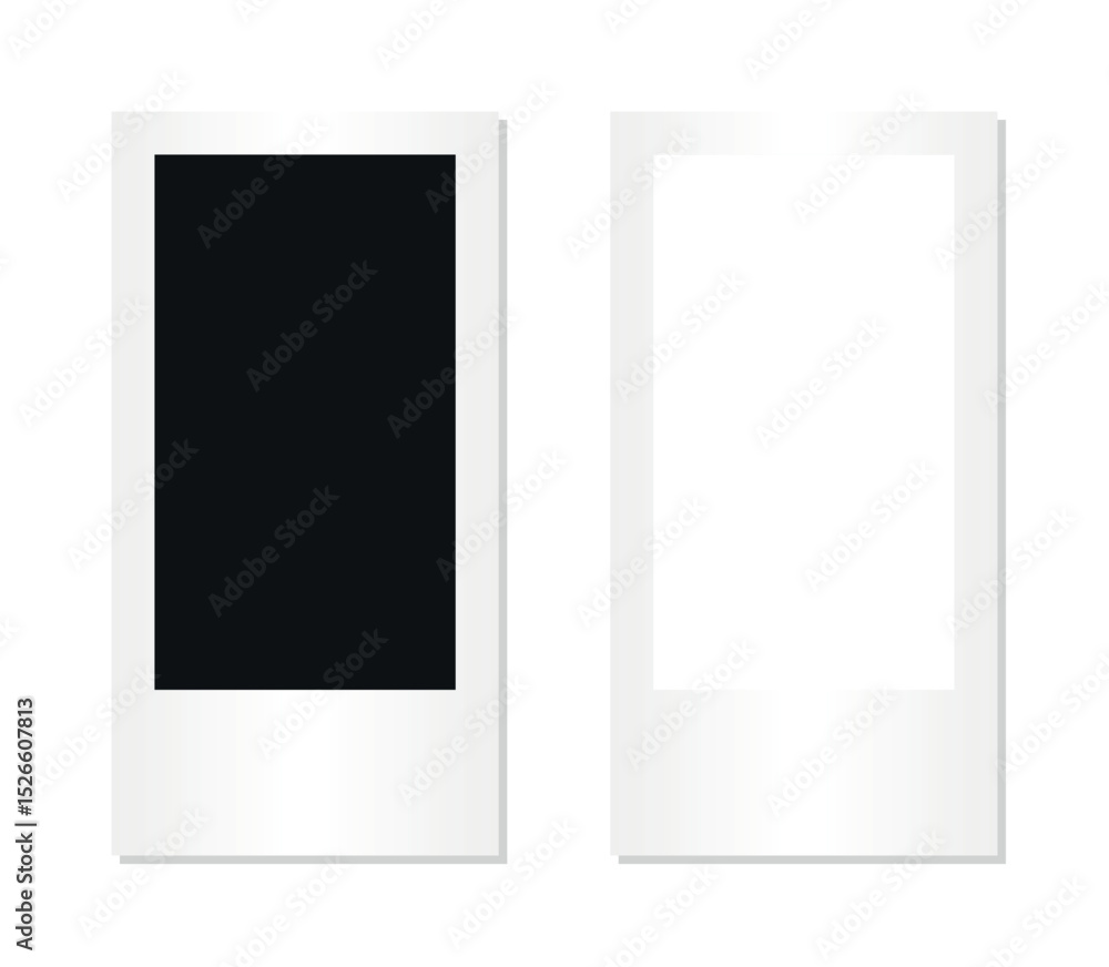 Poster set of two vertical instant photo frames with black and white placeholders isolated on transparent b