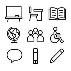 Inclusive Classroom Icons. Outline icon set of inclusive classroom: chalkboard, student desk, open book, pencil, globe, group of