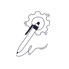 A pen intersects a gear, symbolizing the fusion of creativity and engineering.