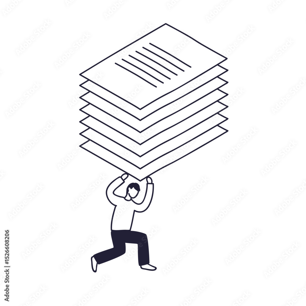Poster a figure struggles under a stack of papers, symbolizing overwhelming workload.
