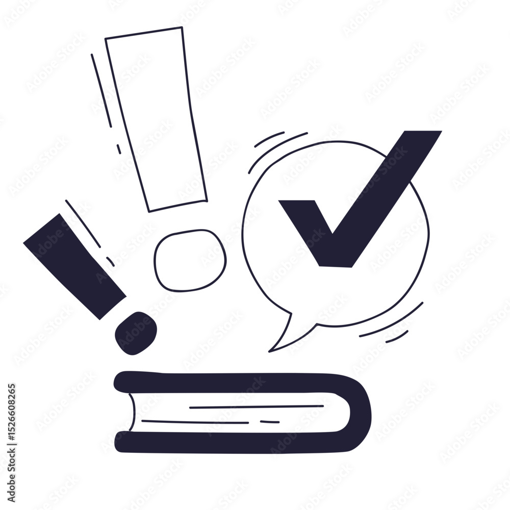 Poster a closed book with a checkmark and exclamation point symbolizes completed tasks and important inform