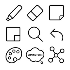 Naklejka na ściany i meble Interactive Whiteboard Icons. Outline icon set of interactive whiteboard session: marker, eraser, sticky note, shape tool, zoom