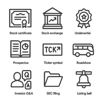 IPO Preparation Icons. Outline icon set of IPO preparation steps: stock certificate, stock exchange building, underwriter badge,
