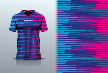 T-shirt mockup abstract stripe line jersey design for football, soccer, racing, esports, running, in pink blue color © Nimpuna O