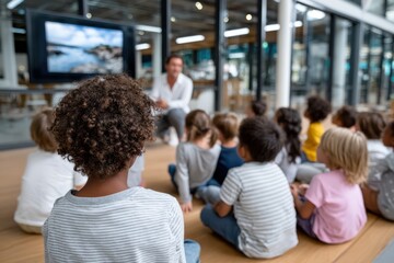 A group of children attentively watches as an instructor shares knowledge, fostering curiosity and engagement in a learning environment full of energy and potential.