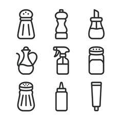 Fototapeta na wymiar Kitchen Seasoning Icons. Outline icon set of kitchen seasoning shakers: salt shaker, pepper mill, sugar dispenser, oil cruet,