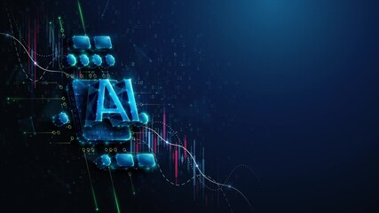 Lowpoly AI CPU Chip Over Stock Market Crash Chart - Animation Loop. Decline in artificial intelligence technology computing hardware industry. Animated concept of downturn in prices of AI tech shares. - Powered by Adobe